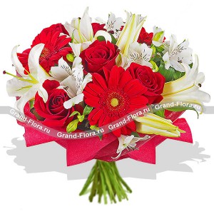 Букет из красных роз, гербер и белых лилий