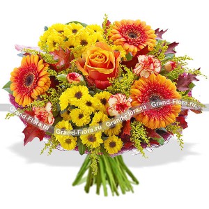Солнечный букет из хризантем, гербер и роз