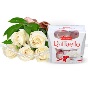 5 белых роз + Raffaello