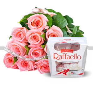 11 розовых роз + конфеты "Raffaello"